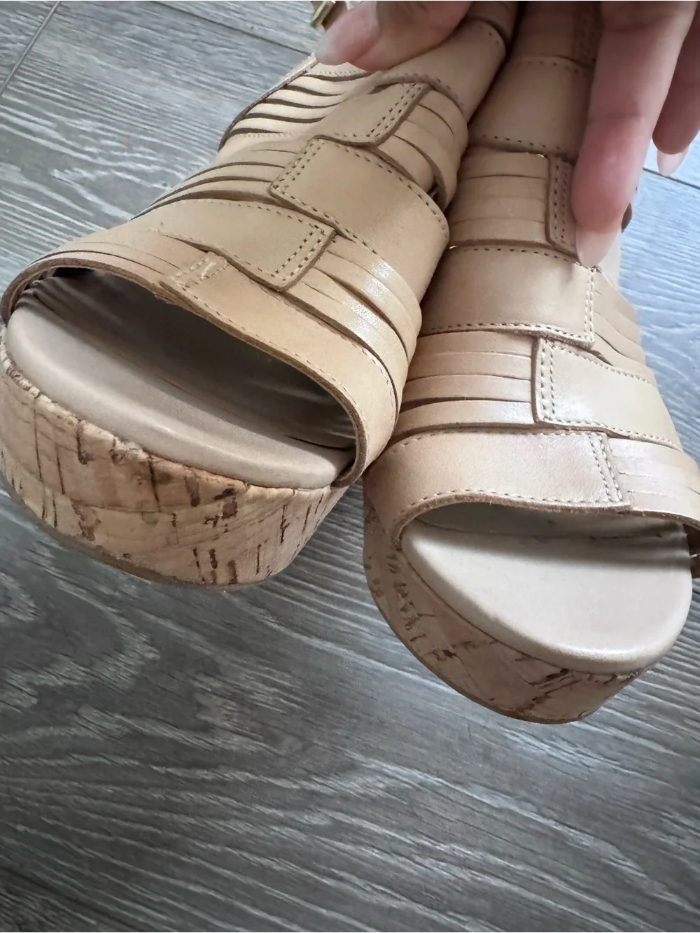 Franco Sarto Sharp tan leather cork wedge slingback sandals